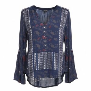 Lucky Brand Bohemian Embroidered Mixed Floral Print Bell Sleeve Blouse Small